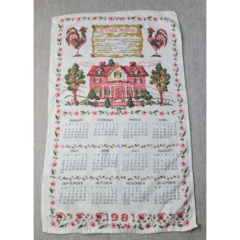 Tea Towel Calendar White Kitchen Prayer 1981 Rooster House Vintage